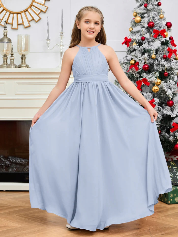 Halter A-Line Classic Floor-Length Chiffon Girls Birthday Dresses/Junior Bridesmaid Dress With Pleated/Belt Gidiondress Sky Blue 12M