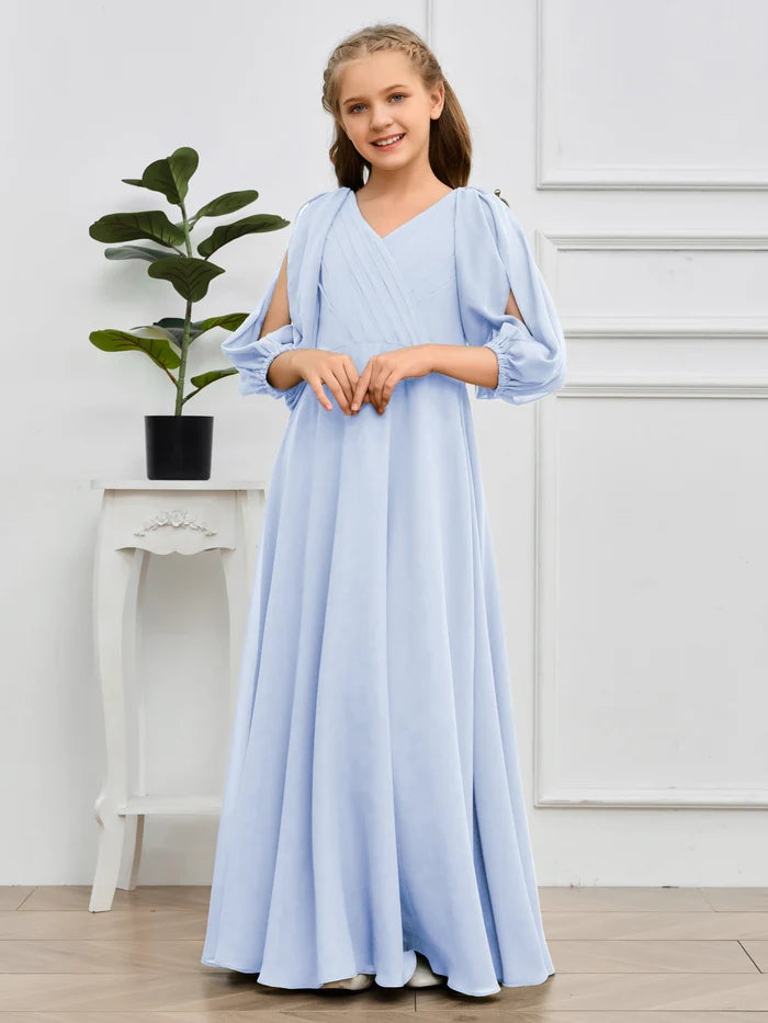 A-line V-Neck Floor-Length Chiffon Junior Bridesmaid Dresses Gidiondress