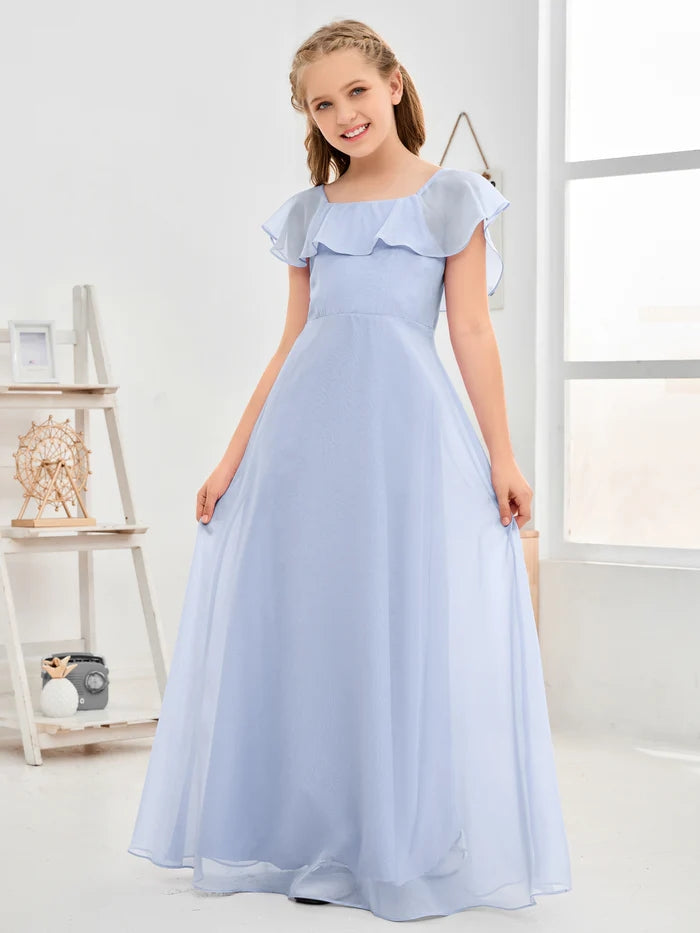 A-Line Square Flutter straps Simple Floor-Length Lilac Chiffon Junior Bridesmaid Dress/Girls Birthday Dresses Gidiondress Sky Blue 12M