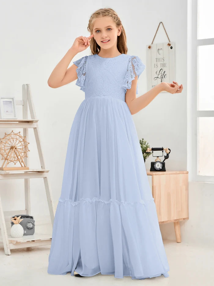 A-Line Scoop Neck Flutter straps Floor-Length Lace/Chiffon Junior Bridesmaid Dress/First Communion Dress With Lace Girls Gidiondress