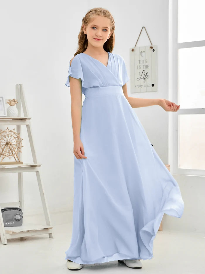 A-line V-Neck Floor-Length Chiffon Junior Bridesmaid Dress Gidiondress