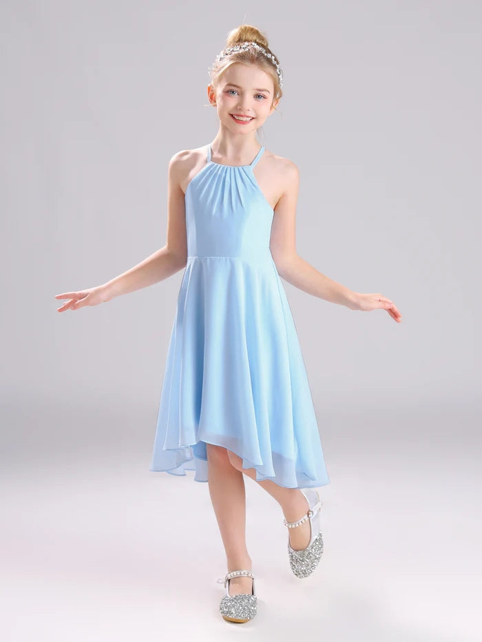 Girls Birthday Dresses Halter Spaghetti Straps Chiffon Asymmetrical Knee-Length Junior Bridesmaid Dress/Party Dresses With Pleated Gidiondress