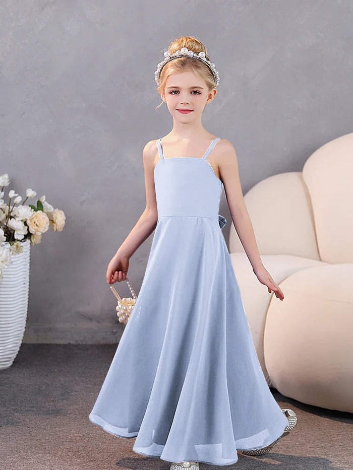 Girls Dresses Simple Square Neck Spaghetti Straps Chiffon Floor-Length Junior Bridesmaid Dress Gidiondress