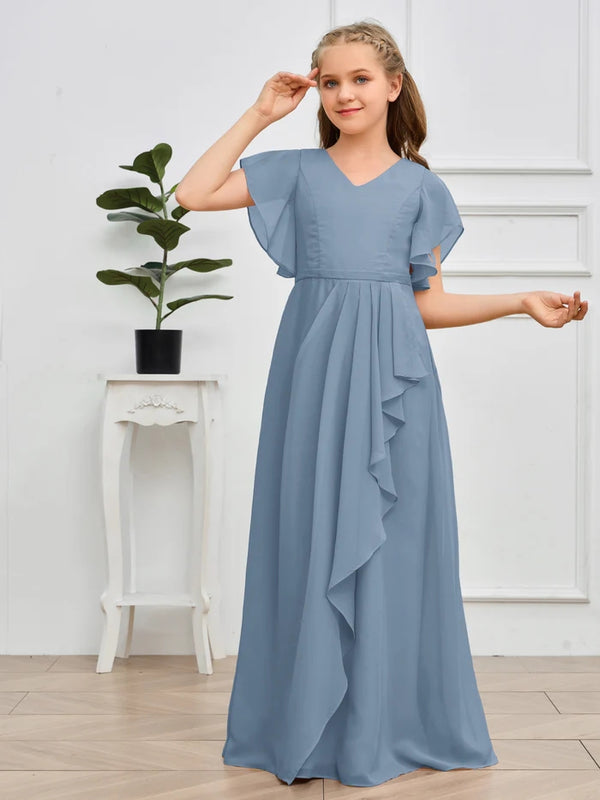 V-Neck Flutter straps Floor-Length Chiffon Junior Bridesmaid Dress/Girls Birthday Dresses Gidiondress Slate Blue 12M