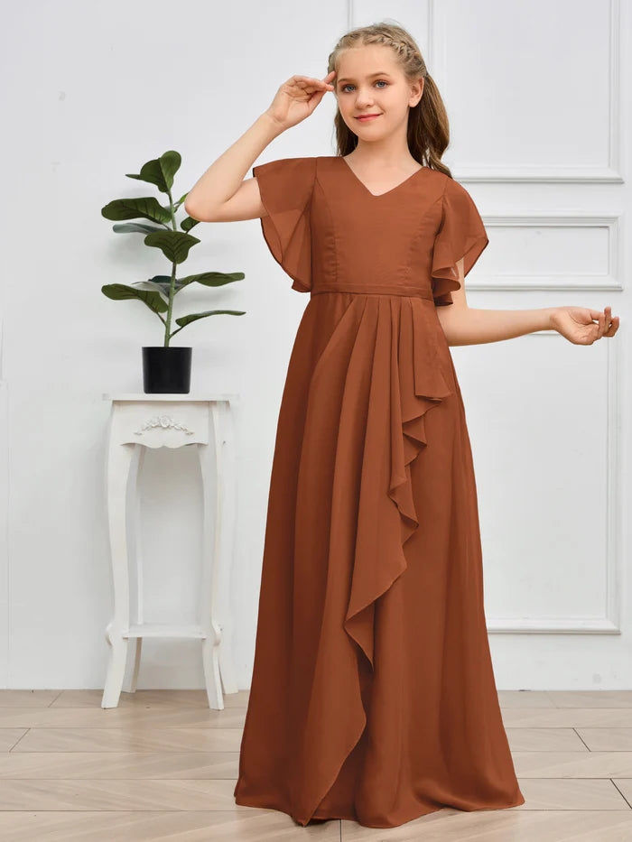 Asymmetrical V-Neck Flutter straps Floor-Length Chiffon Junior Bridesmaid Dress/Girls Birthday Dresses Gidiondress