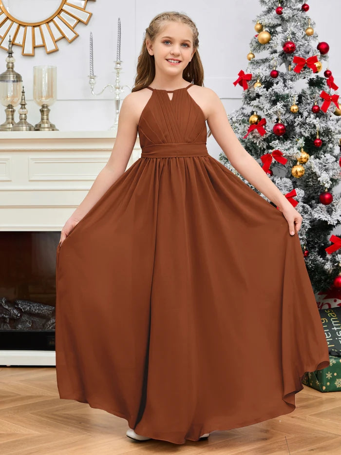 Halter A-Line Classic Floor-Length Chiffon Girls Birthday Dresses/Junior Bridesmaid Dress With Pleated/Belt Gidiondress