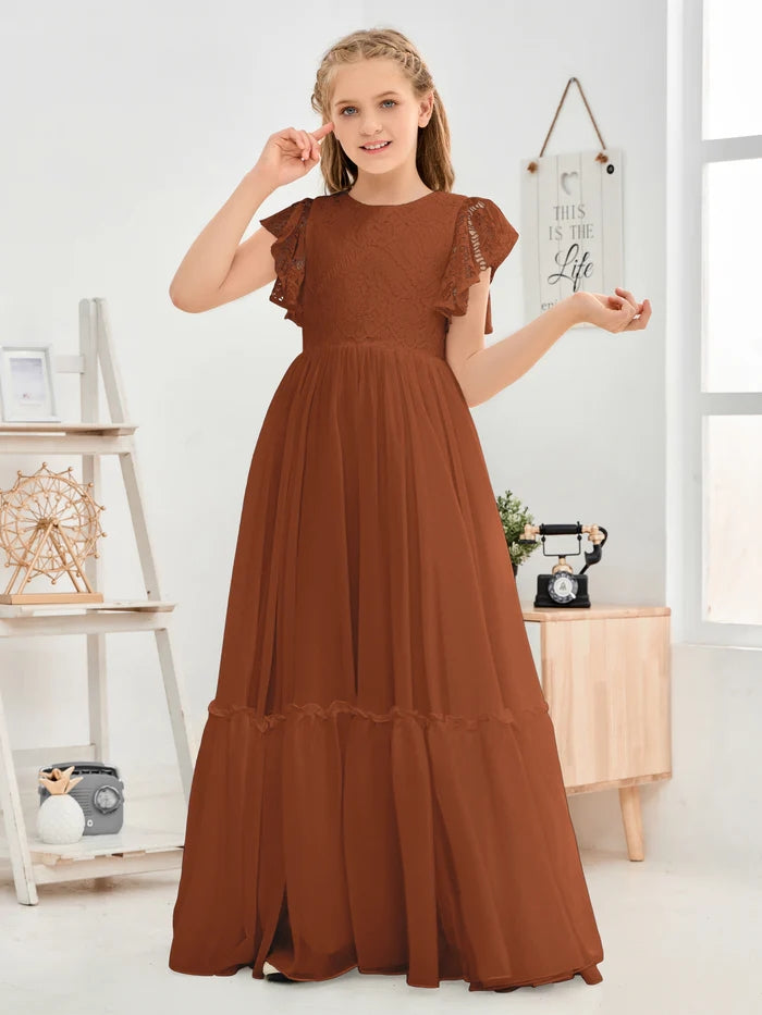 A-Line Scoop Neck Flutter straps Floor-Length Lace/Chiffon Junior Bridesmaid Dress/First Communion Dress With Lace Girls Gidiondress