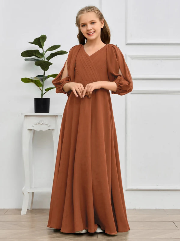 A-line V-Neck Floor-Length Chiffon Junior Bridesmaid Dresses Gidiondress Terracotta 12M