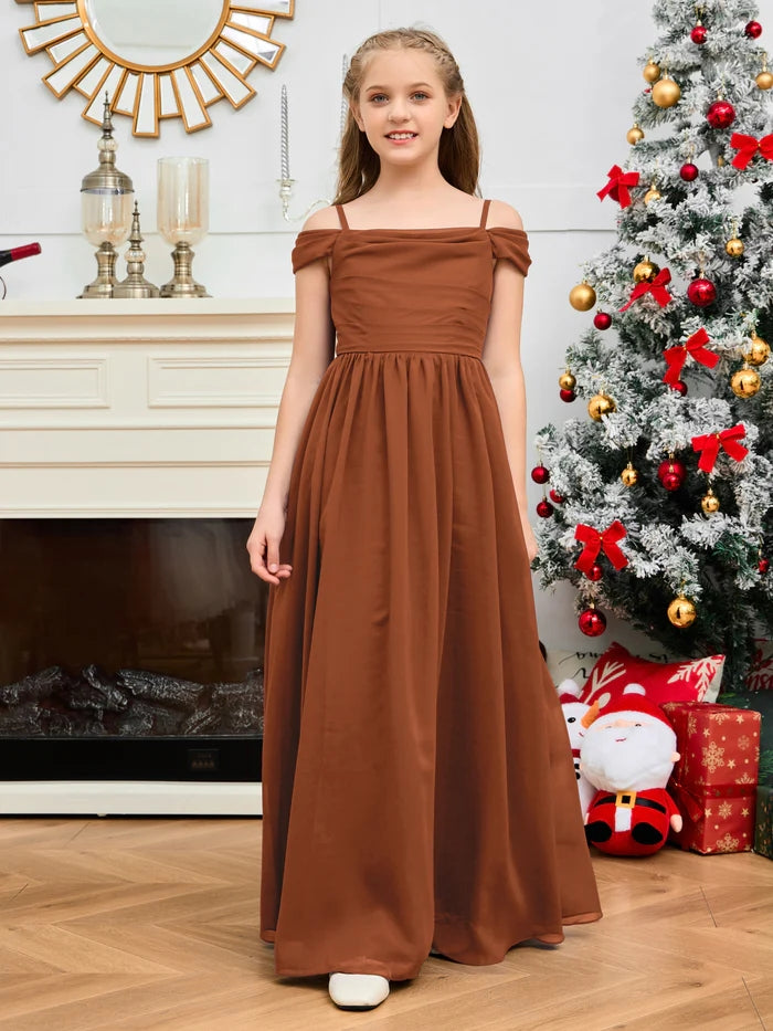A-Line Floor-Length Chiffon Cold Shoulder Junior Bridesmaid Dress/Girls Birthday Dresses With Cape Gidiondress