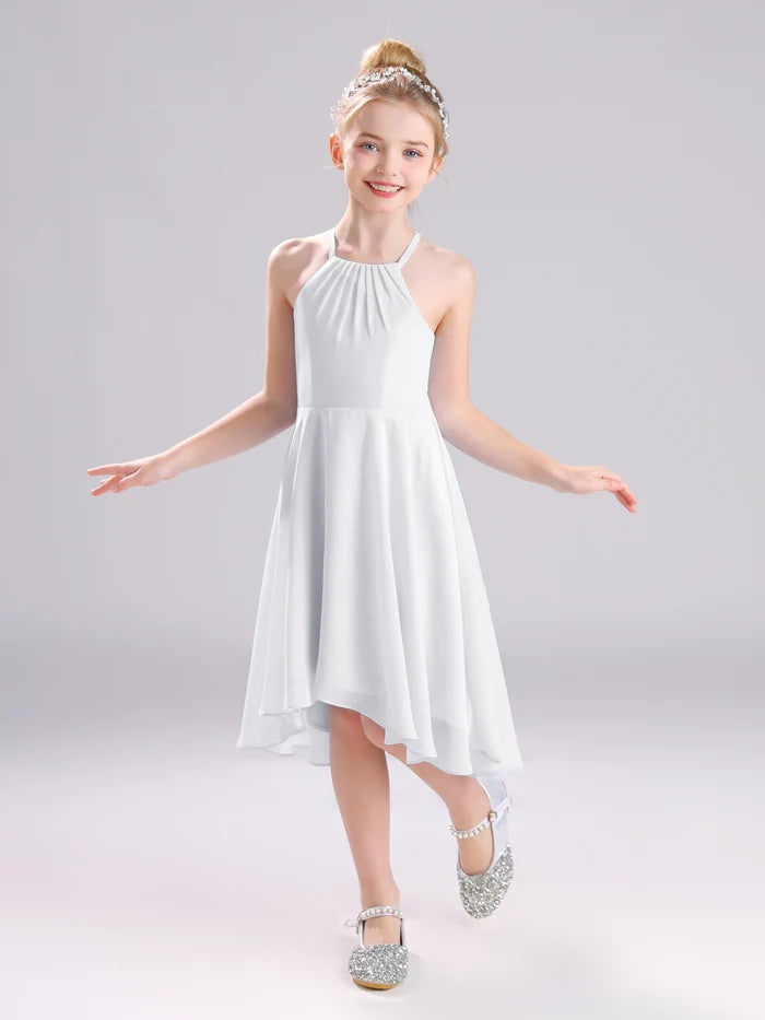 Girls Birthday Dresses Halter Spaghetti Straps Chiffon Asymmetrical Knee-Length Junior Bridesmaid Dress/Party Dresses With Pleated Gidiondress