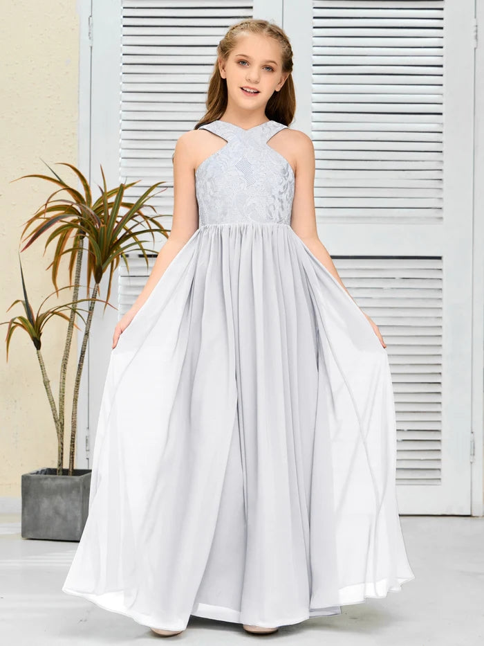 Halter Floor-Length Satin/Chiffon/Lace Junior Bridesmaid Dress/Girls Birthday Dresses Gidiondress
