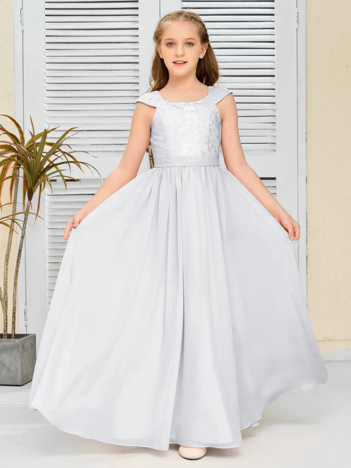 Floor-Length Pearl Pink Chiffon/Lace Junior Bridesmaid Dress/Girls dress Gidiondress