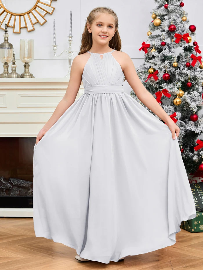 Halter A-Line Classic Floor-Length Chiffon Girls Birthday Dresses/Junior Bridesmaid Dress With Pleated/Belt Gidiondress