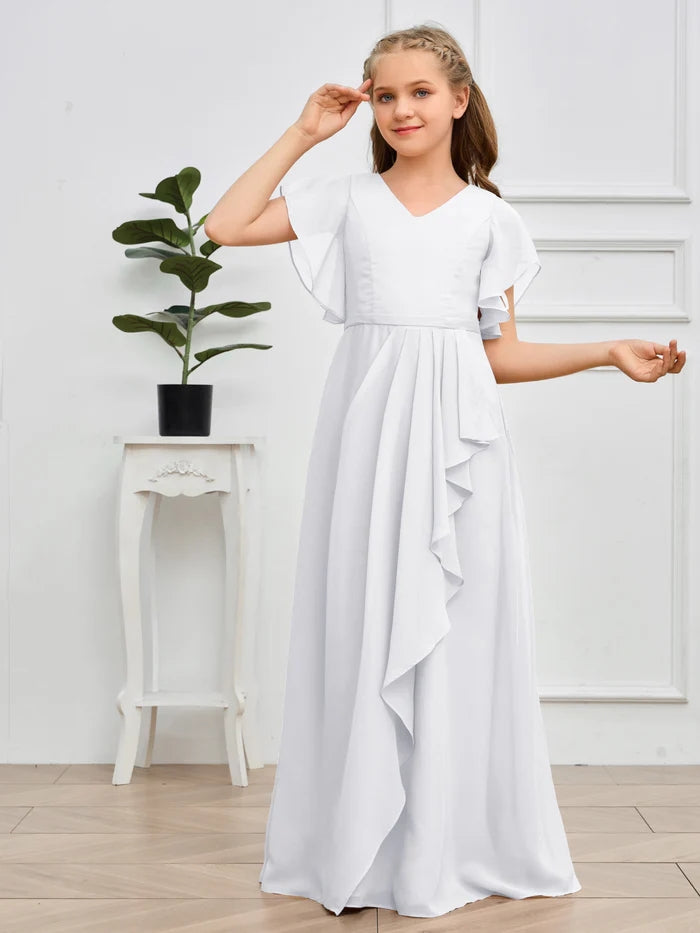 V-Neck Flutter straps Floor-Length Chiffon Junior Bridesmaid Dress/Girls Birthday Dresses Gidiondress