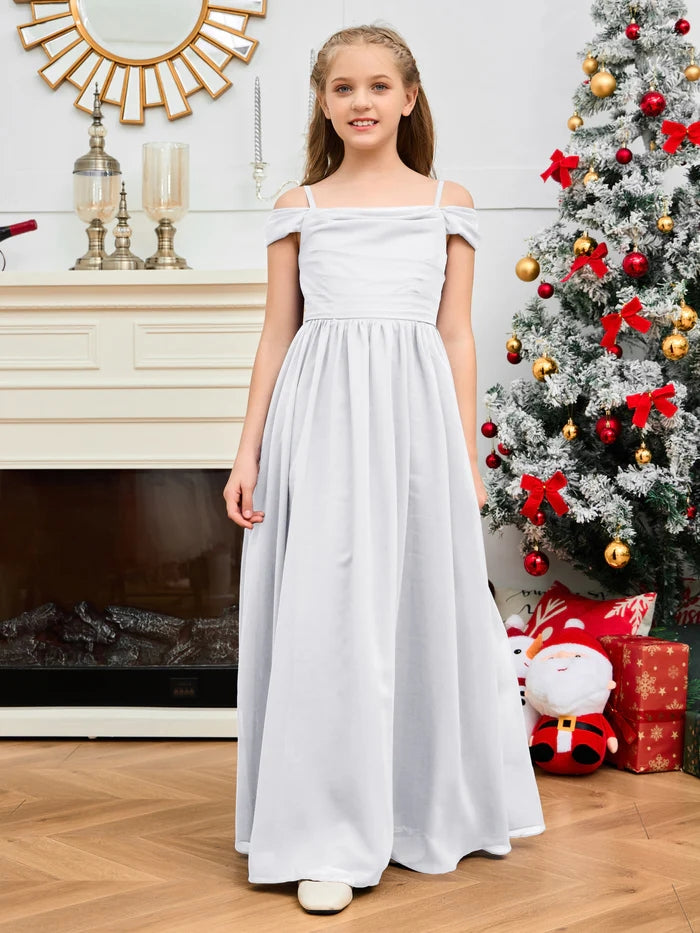 A-Line Floor-Length Chiffon Cold Shoulder Junior Bridesmaid Dress/Girls Birthday Dresses With Cape Gidiondress