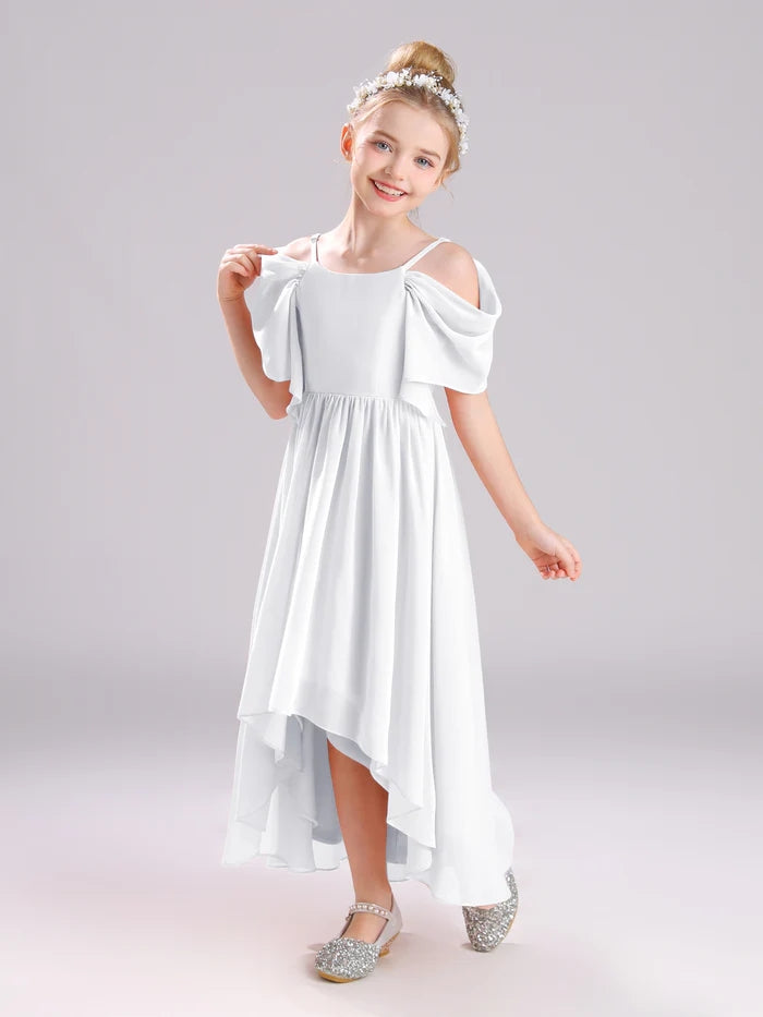 Girls Birthday Dresses Cold Shoulder Flutter Straps Chiffon Asymmetrical Junior Bridesmaid Dress/Party Dresses With Pleated Gidiondress
