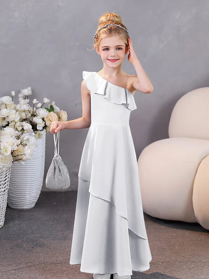 Girls Birthday Dresses One-Shoulder Sleeveless Chiffon Floor-Length Graceful Junior Bridesmaid Dress/Party Dresses With Ruffled Hem Gidiondress