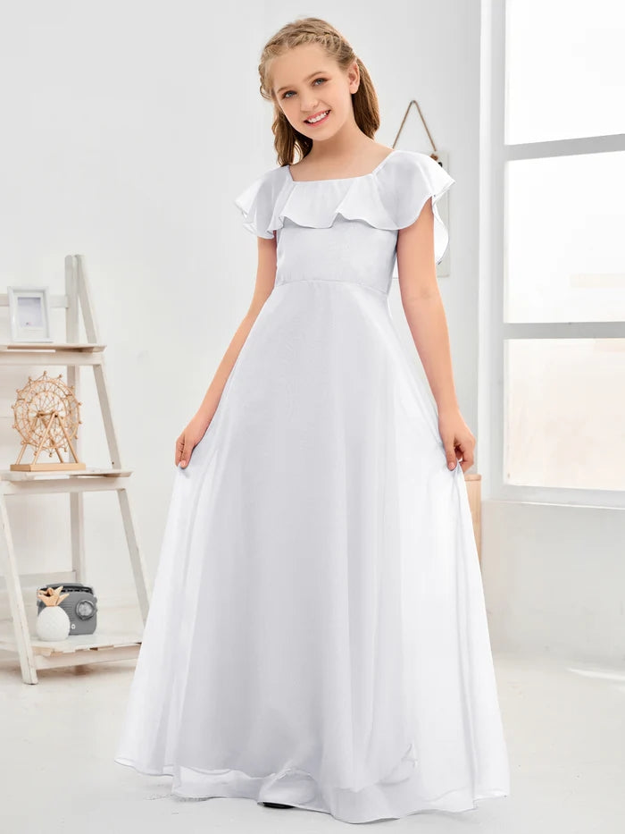 A-Line Square Flutter straps Simple Floor-Length Lilac Chiffon Junior Bridesmaid Dress/Girls Birthday Dresses Gidiondress