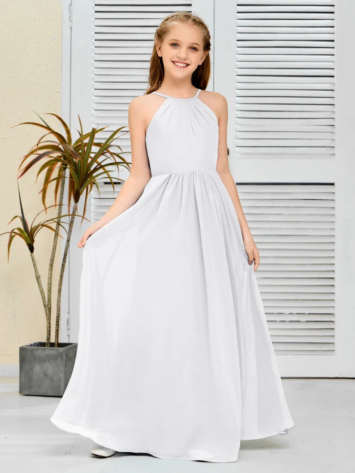 Halter Floor-Length Chiffon Simple Junior Bridesmaid Dress/Girls dress Gidiondress
