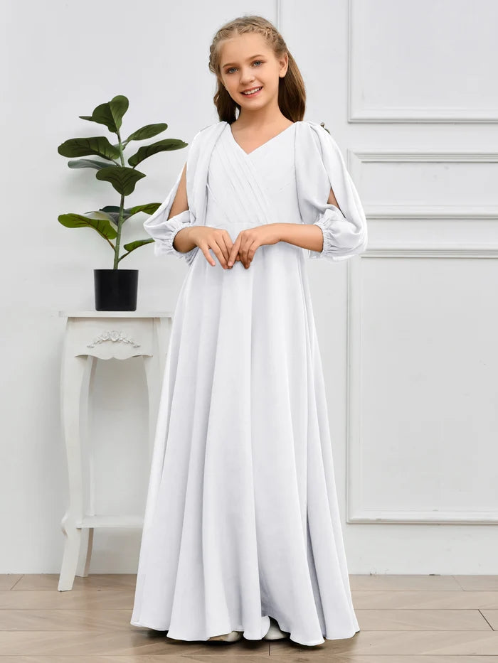 A-line V-Neck Floor-Length Chiffon Junior Bridesmaid Dresses Gidiondress
