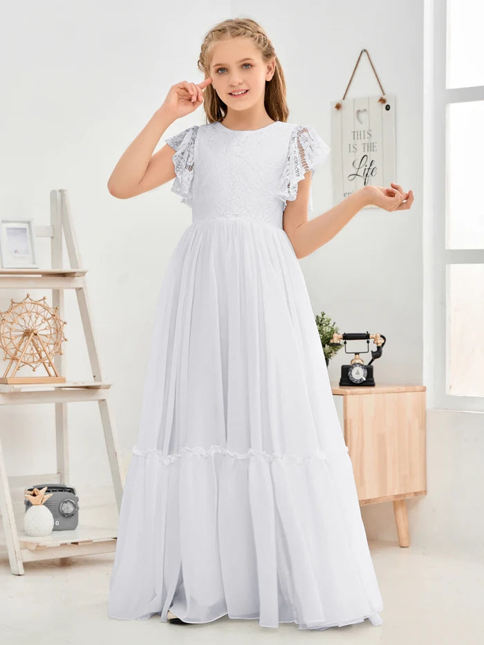 A-Line Scoop Neck Flutter straps Floor-Length Lace/Chiffon Junior Bridesmaid Dress/First Communion Dress With Lace Girls Gidiondress White 12M