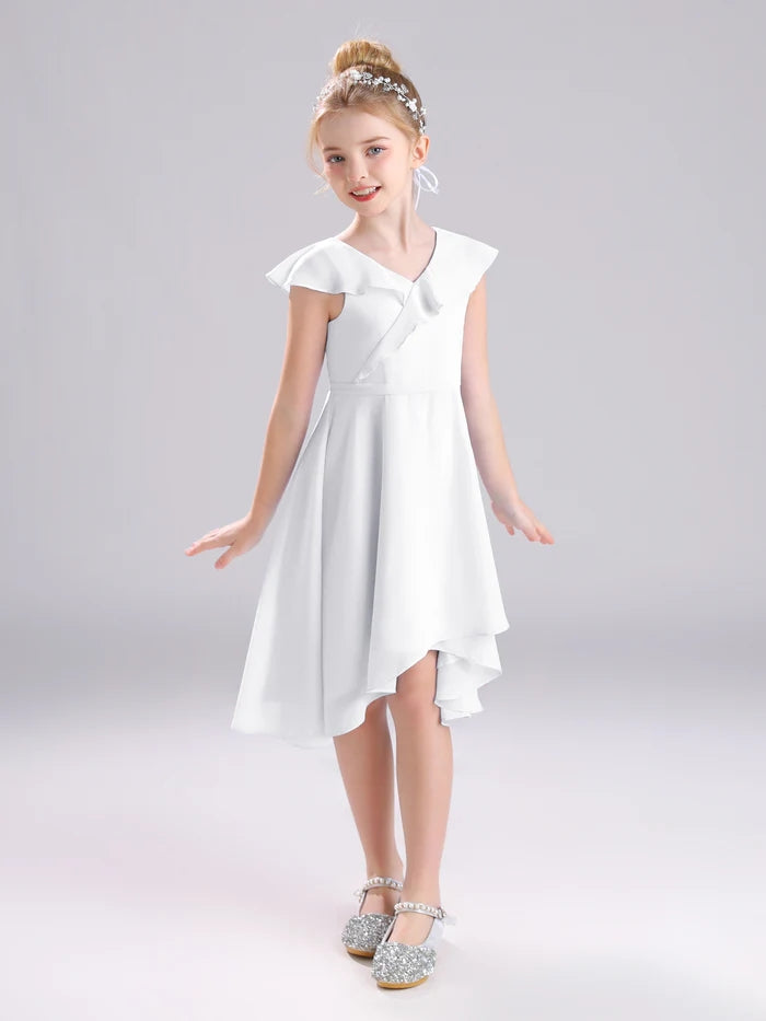 Girls Birthday Dresses V-Neck Cape Chiffon Asymmetrical Junior Bridesmaid Dress/Party Dresses With Belt Girls Gidiondress