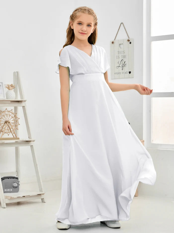 A-line V-Neck Floor-Length Chiffon Junior Bridesmaid Dress Gidiondress