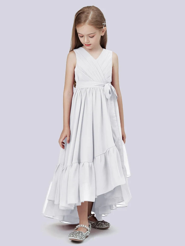 Asymmetrical Chiffon Junior Bridesmaid Dress/Girls Birthday Dresses With Pleated/Belt/Ruffled Gidiondress White 12M