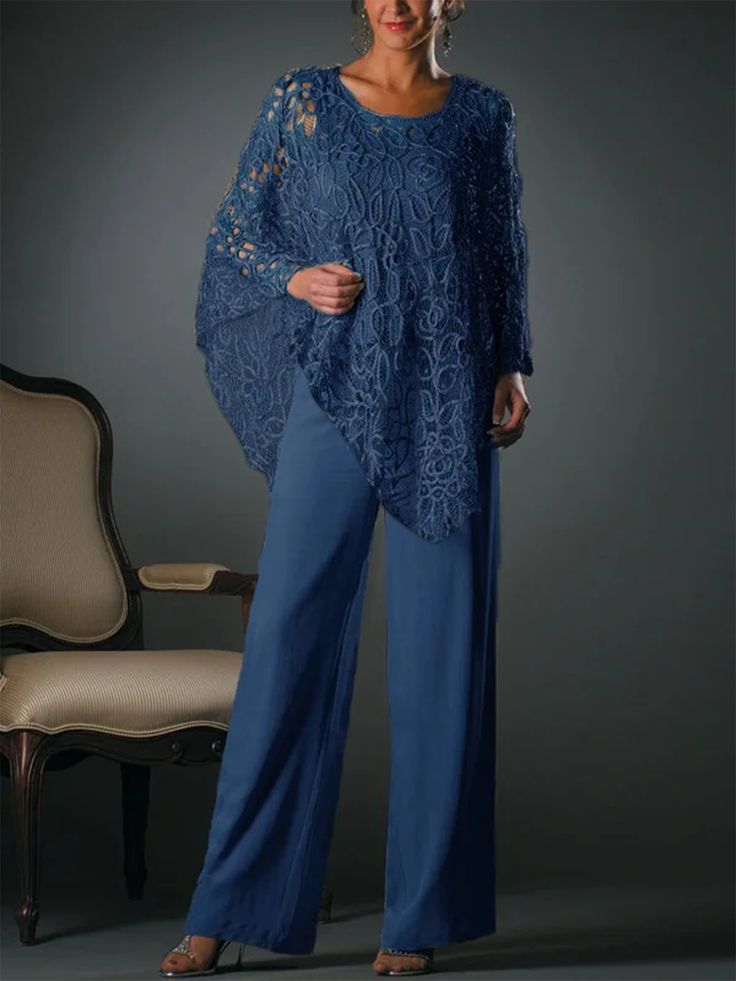 Mother Of The Bride Pantsuit Evening Dresses 3 Pcs Woman Suit With Lace Irregual Jacket Chiffon Pantsuit Custom Dress Plus Size BabaMila