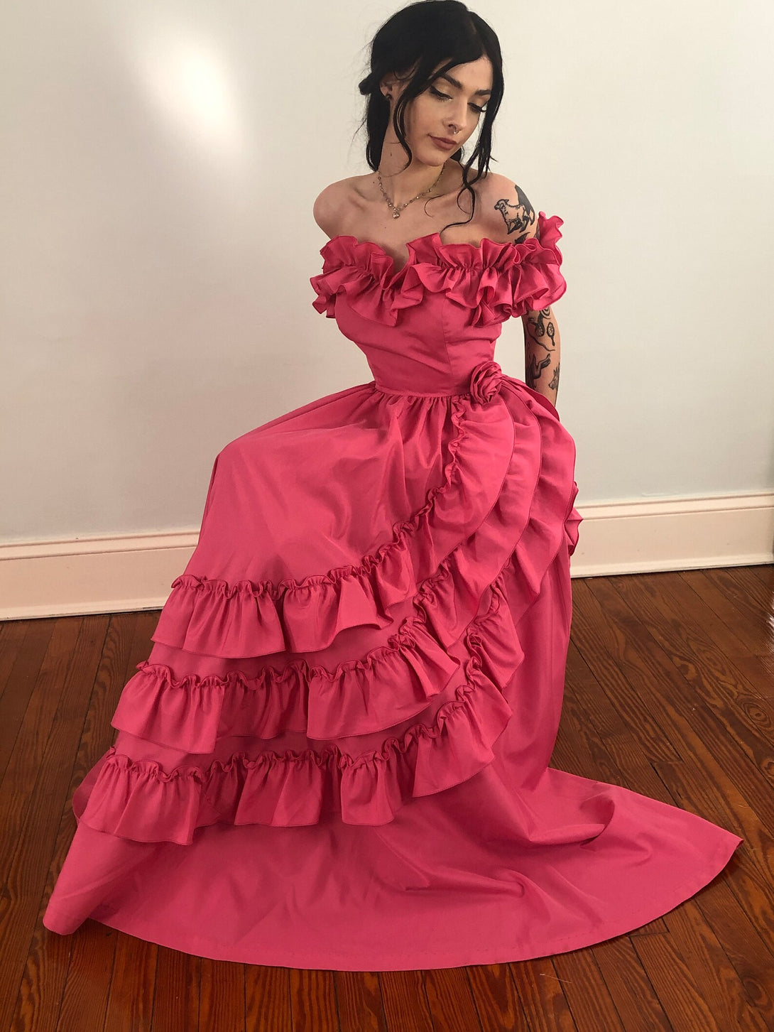 80s Vintage Pink Disco Taffeta Prom Gown With Ruffles Footloose Dress Formal Southern Belle 1800s Style Ballgown BabaMila
