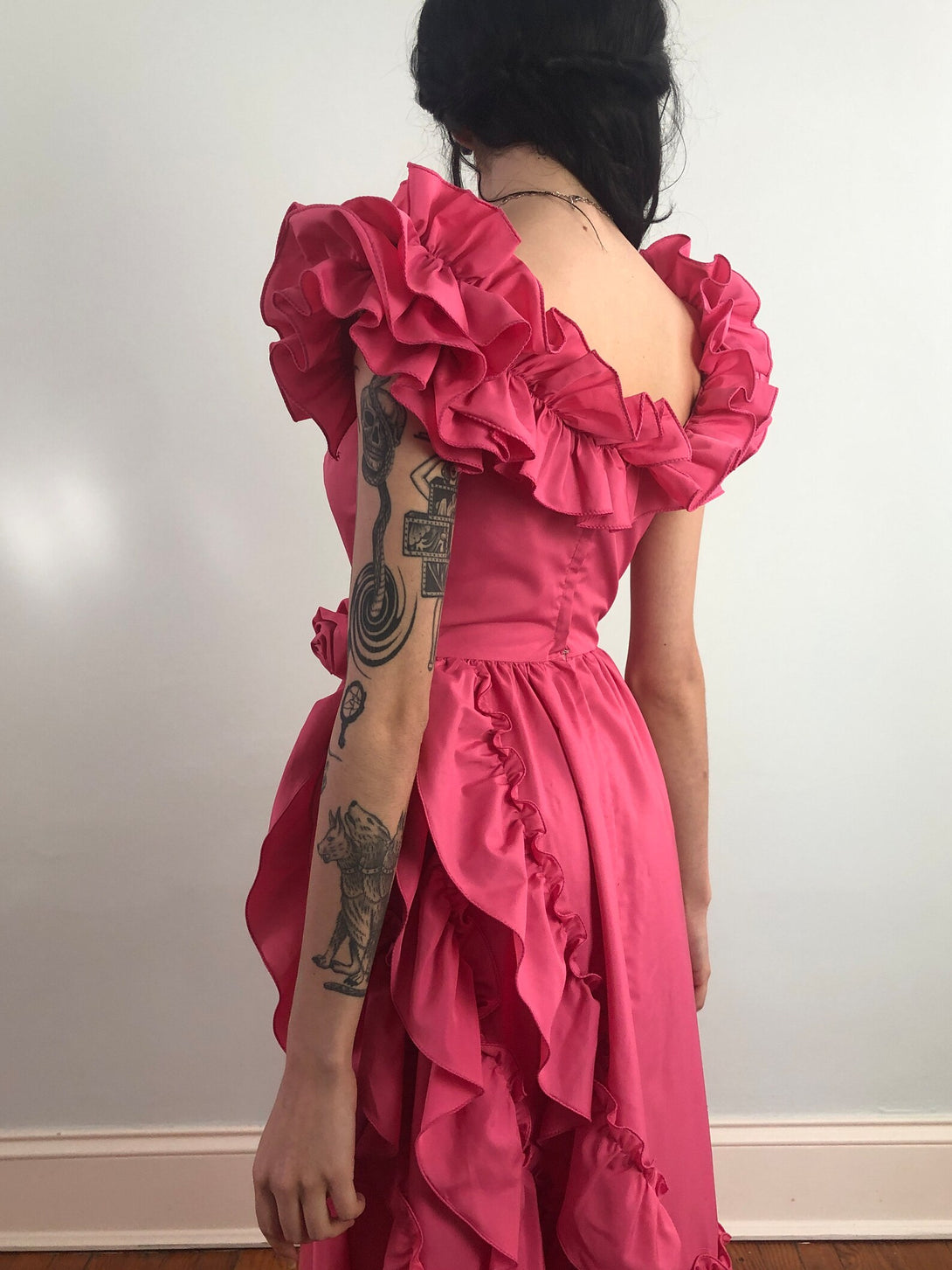 80s Vintage Pink Disco Taffeta Prom Gown With Ruffles Footloose Dress Formal Southern Belle 1800s Style Ballgown BabaMila