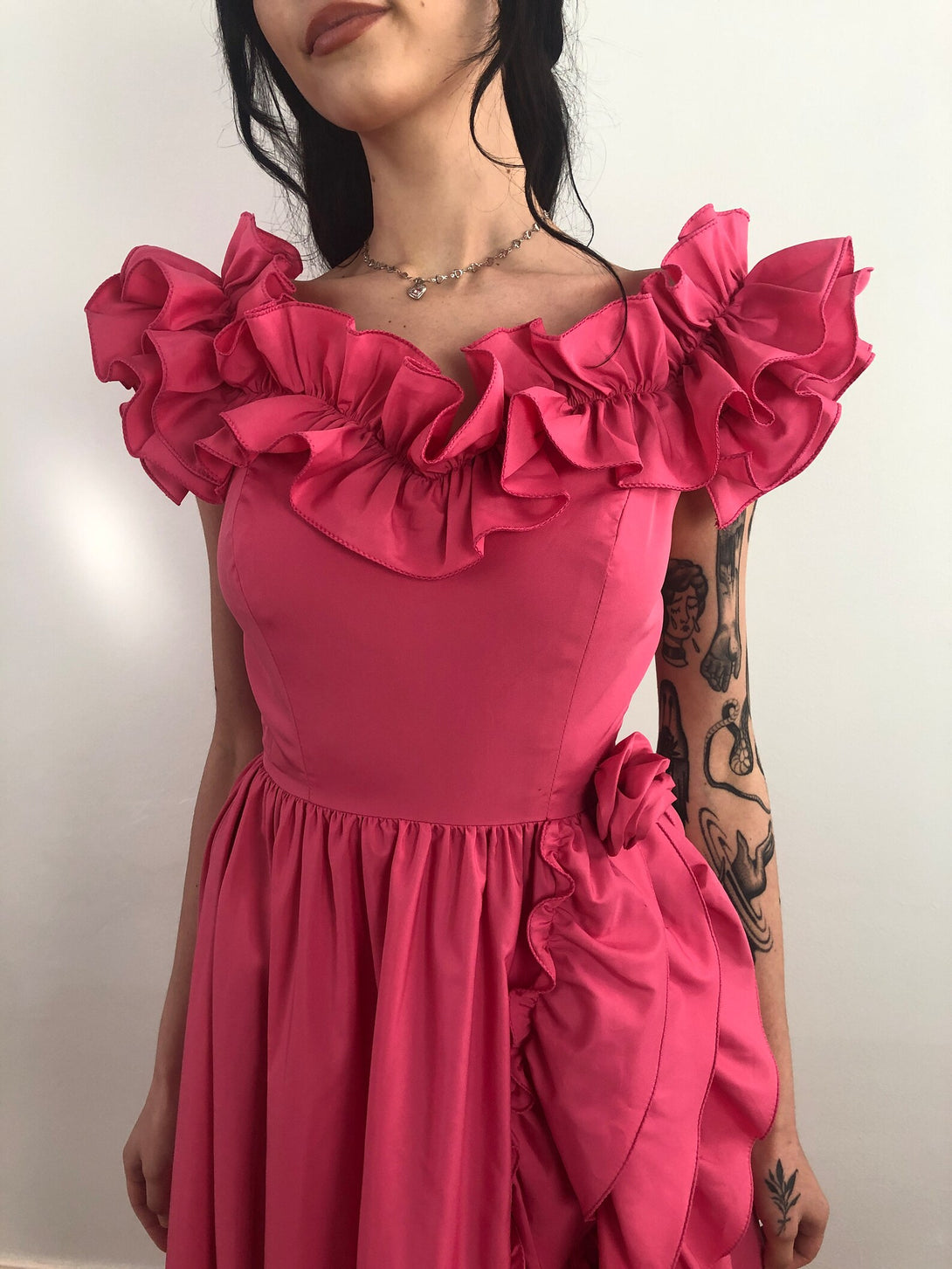 80s Vintage Pink Disco Taffeta Prom Gown With Ruffles Footloose Dress Formal Southern Belle 1800s Style Ballgown BabaMila