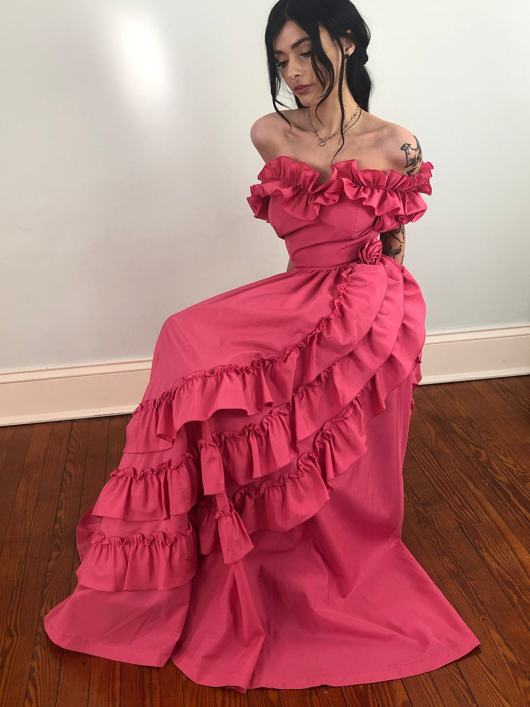 80s Vintage Pink Disco Taffeta Prom Gown With Ruffles Footloose Dress Formal Southern Belle 1800s Style Ballgown BabaMila