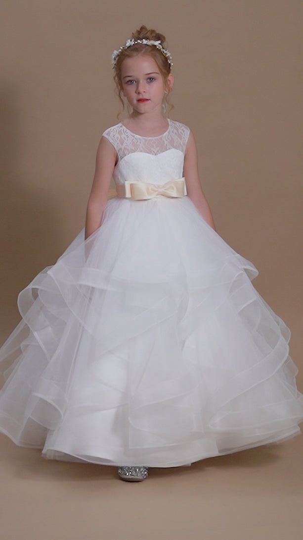 Ball Gown Sleeveless Scoop Neck Floor-Length Satin/Lace/Tulle Flower Girl Dresses/First Communion Dress With Bow/Belt Girls Gidiondress