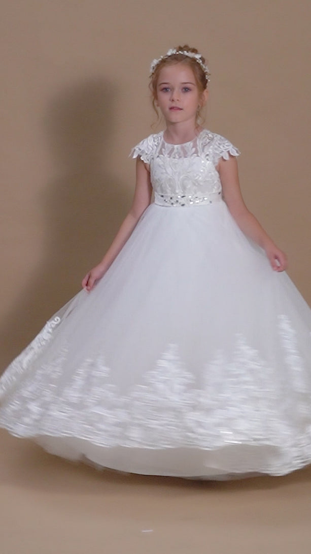 Ball-Gown/Princess Scoop Floor-Length Tulle/Lace Applique Flower Girl Dress/First Communion Dress With Belt Girls Gidiondress