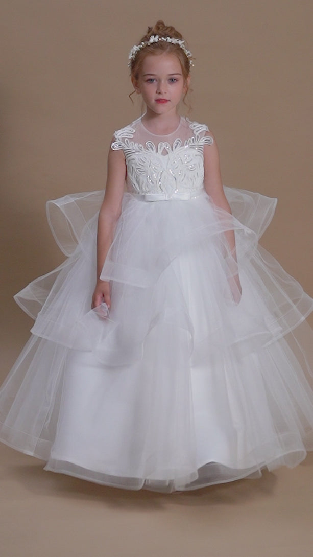 Girl's Cake Dresses Sleeveless Scoop Neck Floor-Length Satin/Lace/Tulle Flower Girl Dresses With Belt/Appliques Girls Gidiondress
