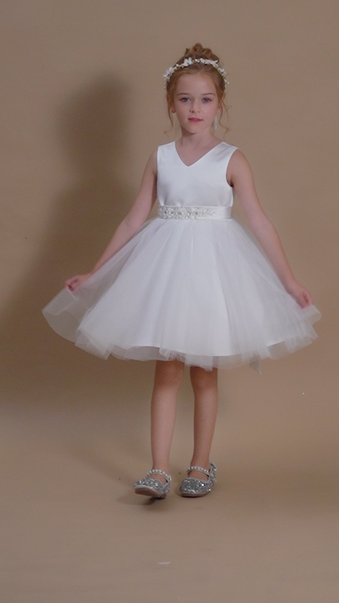 A-line V-Neck Knee-Length Satin/Tulle Ivory Flower Girl Dress With Bead Belt Gidiondress