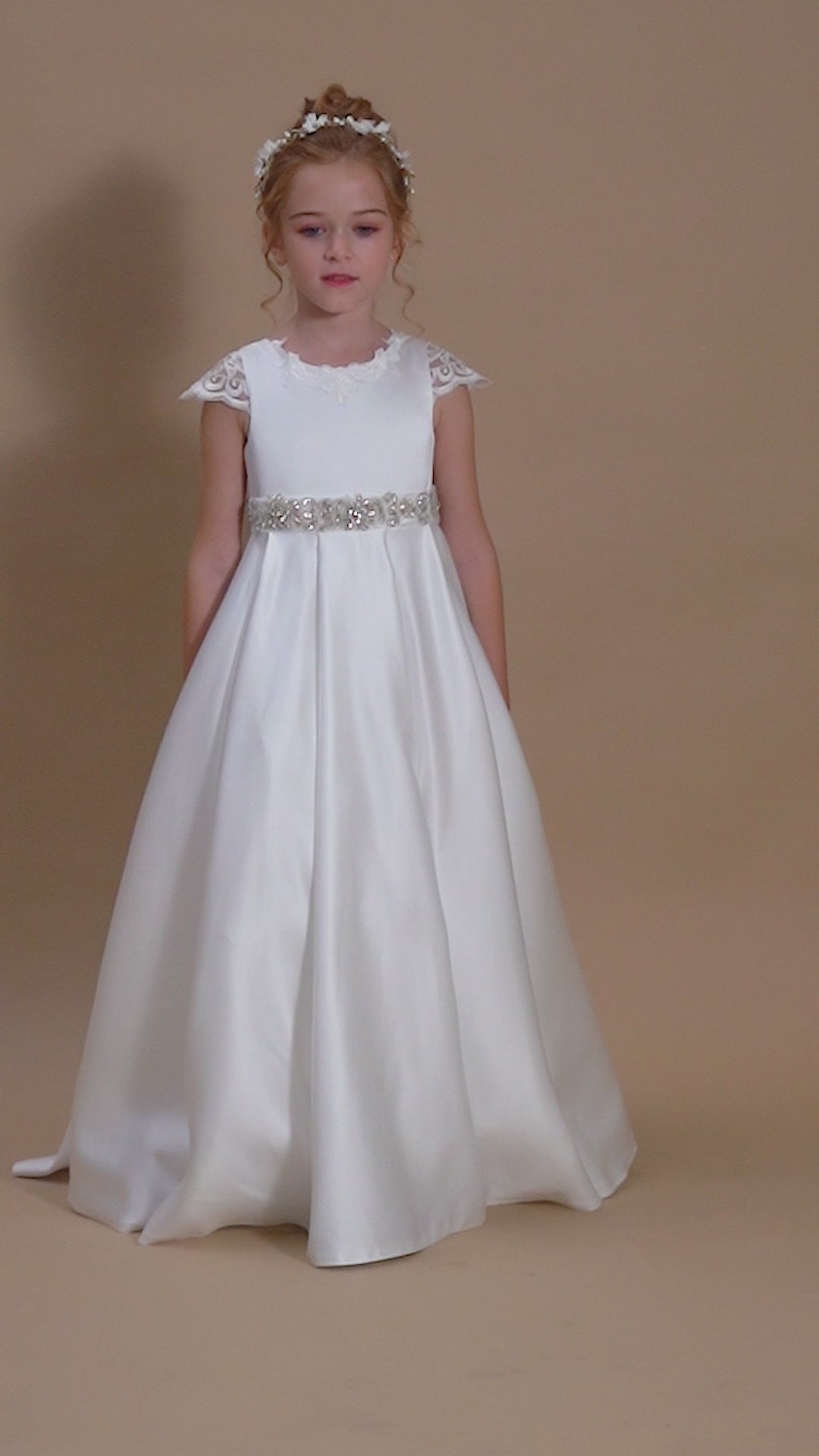 Ball Gown/Princess Cap Sleeve Scoop Neck Floor-Length Ivory Court Train Lace/Satin Flower Girl Dresses With Beads Belt and Removable Bow Gidiondress